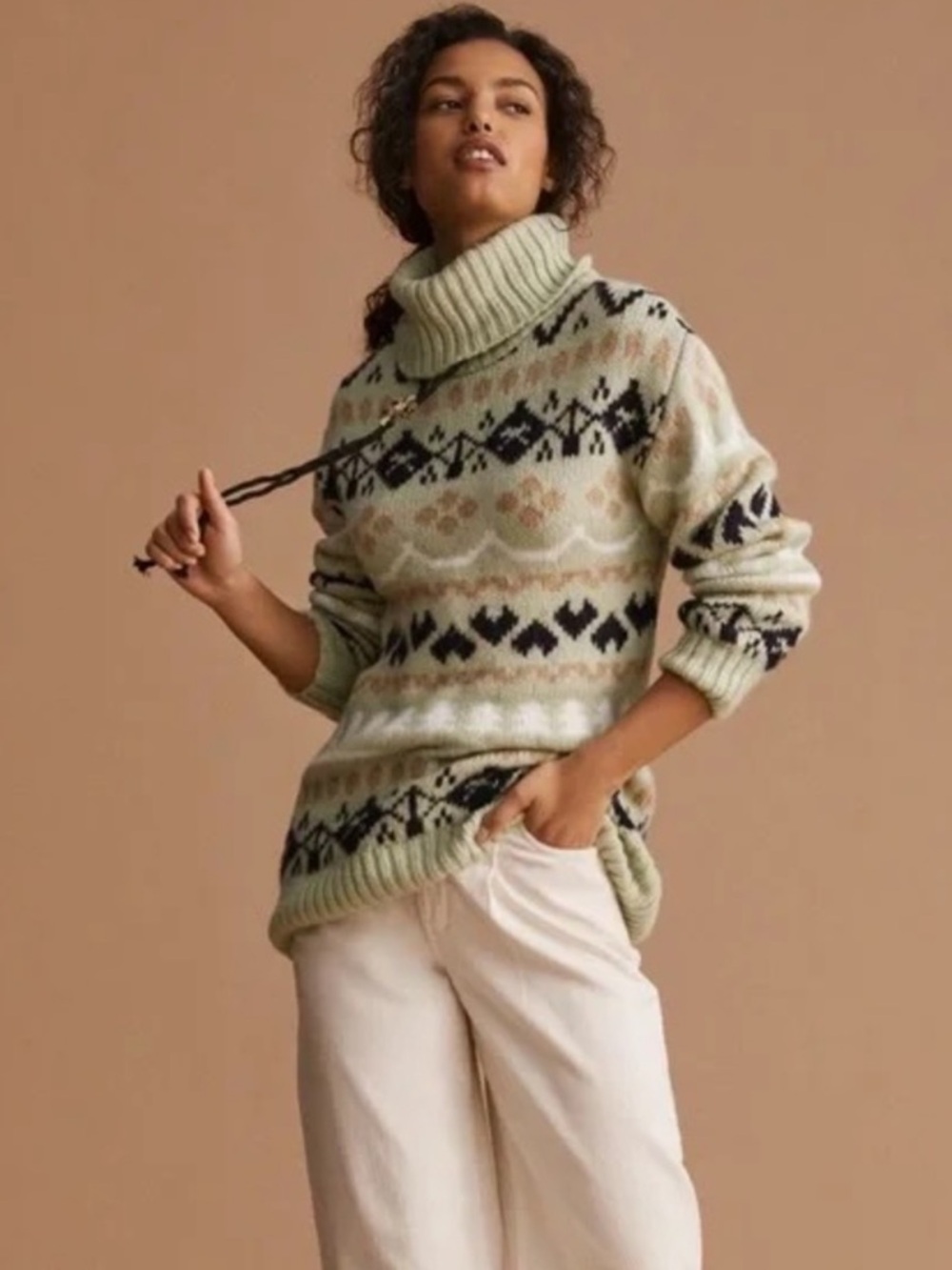 NWOT ANTHROPOLOGIE Green Fair Isle Turtleneck Fuzzy Sweat